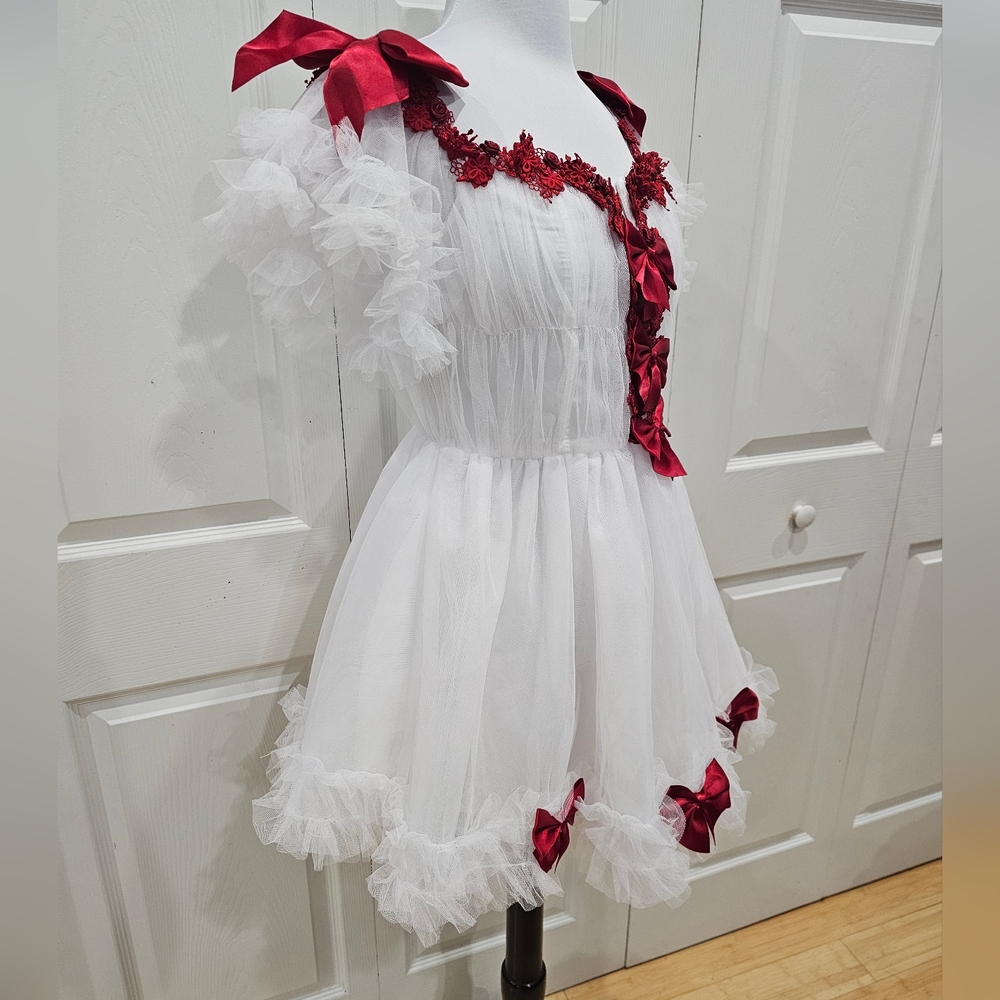 ~SOLD~ Dolls Kill Sugar Thrillz White Tulle Red Bow Winter Rose Mini Dress S - Picture 4 of 8